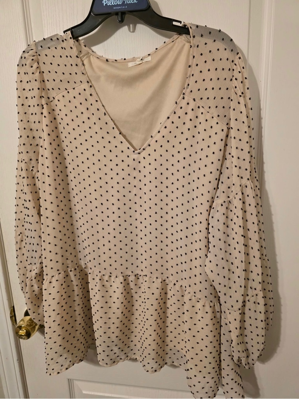 Maurices 2X Cream Black Swiss Dot Ruffle Peplum Blouse V Neck